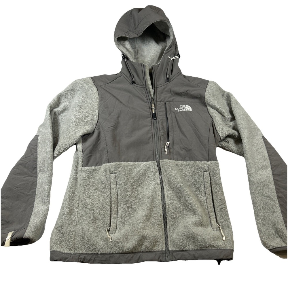 The North Face Hooded Denali Jacket Womens Small White &  Gray Polartec Full Zip